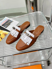 OZ MULE CARAMEL MIX FRINGED WHITE CALFSKIN