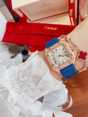 SANTOS LADY 35MM QUARTZ ROSE GOLD CASE DIAMOND BEZEL LEATHER