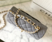 MINI RECTANGLE FLAP BAG TOP HANDLE 20CM GREY LAMBSKIN SILVER HARDWARE