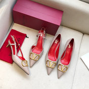 VLOGO SIGNATURE PALE PINK CALFSKIN HIGH SLINGBACK PUMP 4 CM WITH GOLD LOGO