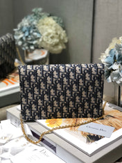 CD Saddle Pouch With Chain Blue Obique Embroidery