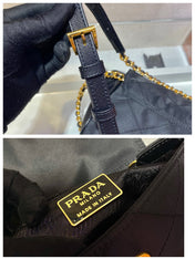 SMALL QUILTED FLAP BAG 18 IN BLACK RE-NYLON FABRIC GOLD CHAIN