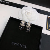 CHANEL 26S DOUBLE C LOGO CRYSTAL & BLACK FLOWER DROP EARRINGS IN GOLD METAL 633331