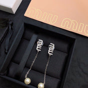 MIUMIU 26S CRYSTAL LOGO CHAIN DROP PEARL EARRINGS IN SILVER TONE METAL 630842