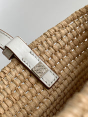 LOEWE 25S BASKET BAG 30 IN NATURAL MIX WHITE RAFFIA CALFSKIN SHOULDER STRAP