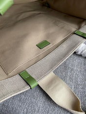 LAGRE WOODY TOTE BAG 45 IN BEIGE LINEN CANVAS BLACK WEBBING LOGO EMBROIDER GREEN CALFSKIN