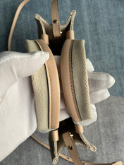 SMALL STRAP WOODY TOTE BAG 26.5 IN BEIGE LINEN CANVAS BLACK WEBBING LOGO EMBROIDER NUDE CALFSKIN