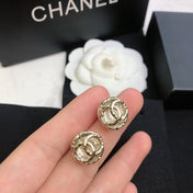 CHANEL 26S DOUBLE C LOGO CRYSTAL CABOCHON STUD EARRINGS IN GOLD METAL 633328