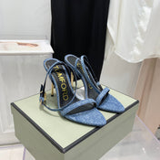 PADLOCK HIGH HEEL 10 CM SANDAL IN LIGHT BLUE DENIM