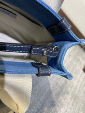 SMALL STRAP WOODY TOTE BAG 26.5 IN BLUE DENIM CANVAS DARK BLUE CALFSKIN
