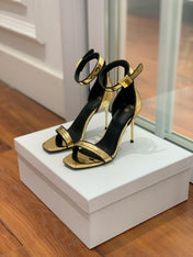 BALMAIN 25S UMA HEELED SANDALS 105MM IN GOLD CALFSKIN