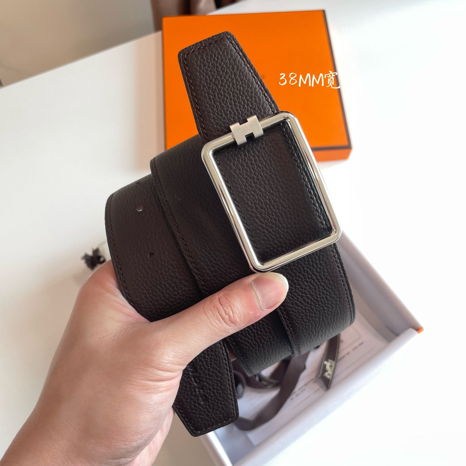 TUBE H BELT SILVER BUCKLE & REVERSIBLE DARK BROWN LEATHER STRAP 38MM