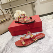 ROMAN STUD CHERRY RED CALFSKIN FLAT SLIDE SANDAL 25 MM