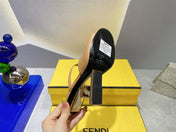 FENDI FIRST 95 MM HIGH-HEELED SANDAL IN CAMEL BROWN LAMBSKIN GOLD HARDWARE