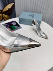PRADA 26S PUMPS STILETTO HEEL 95MM IN SILVER METAL TIP CALFSKIN