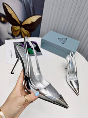 PRADA 26S SLINGBACK HEELS 95MM IN SILVER METAL TIP CALFSKIN