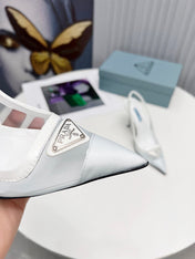 PRADA 26S SLINGBACK PUMPS STILETTO HEEL 95MM IN WHITE MESH WITH LOGO