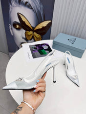 PRADA 26S SLINGBACK PUMPS STILETTO HEEL 95MM IN WHITE MESH WITH LOGO