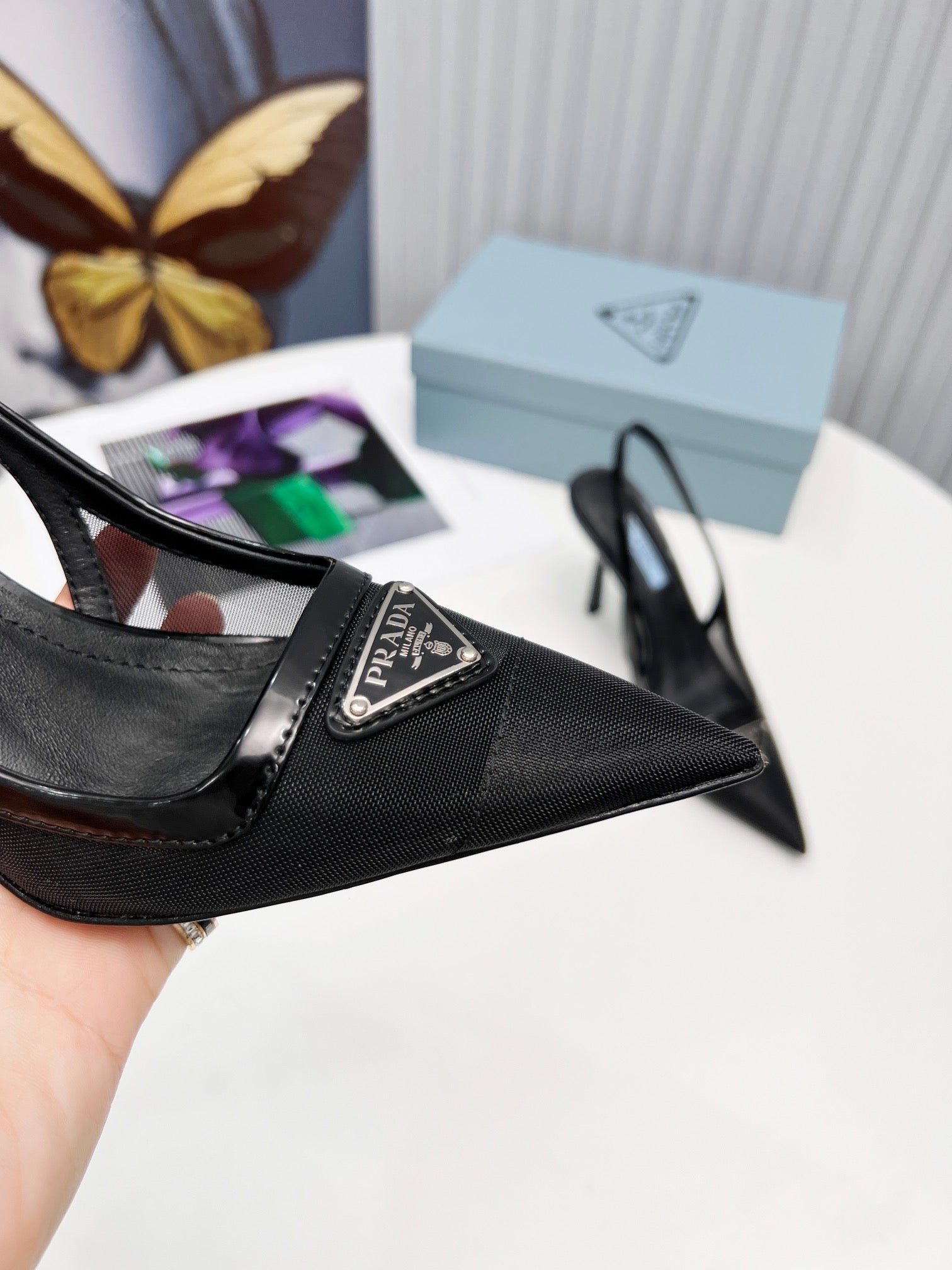 PRADA 26S SLINGBACK PUMPS STILETTO HEEL 95MM IN BLACK MESH WITH LOGO
