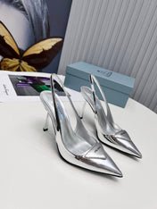 PRADA 26S SLINGBACK PUMPS STILETTO HEEL 95MM IN SILVER PATENT CALFSKIN LOGO