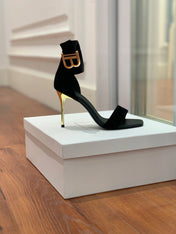 BALMAIN 25S THIN STRAP HIGH HEELS 105MM IN BLACK SUEDE GOLD HARDWARE