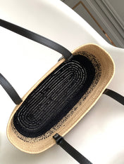 LOEWE 25S BASKET BAG 30 IN NATURAL MIX BLACK RAFFIA CALFSKIN SHOULDER STRAP