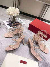 HIGH HEEL 6 CM SANDAL IN PEACHY PINK LAMBSKIN WITH STUDS