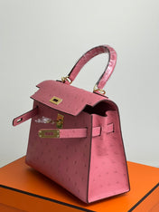KELLY BAG 20 IN ROUGE PINK OSTRICH LEATHER WITH GOLD HARDWARE