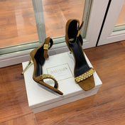 BALMAIN 25S METAL STRAP HIGH HEELS 95MM IN BROWN SUEDE GOLD HARDWARE