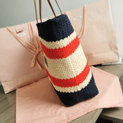 TOTE BAG 40 IN STRIPED PATTERN OF NAVY BLUE RED AND CREAM WHITE WOVEN RAFFIA