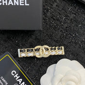CHANEL 26S DOUBLE C LOGO CHAIN WEAVE BAR HAIR CLIP IN BLACK & WHITE LEATHER AND GOLD METAL 629927