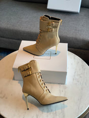 BALMAIN 26S LACE-UP ANKLE BOOTS 105 MM IN BEIGE CALFSKIN