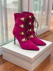BALMAIN 26S BOOT 95 MM IN DARK PINK SUEDE PEARL BUTTON