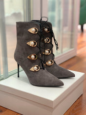 BALMAIN 26S BOOT 95 MM IN CHARCOAL GREY SUEDE PEARL BUTTON