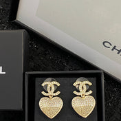 CHANEL 26S DOUBLE C LOGO PAVE CRYSTAL HEART DROP EARRINGS IN GOLD METAL 633109