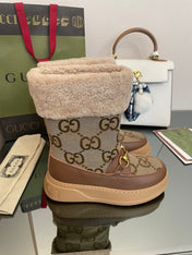 HORSEBIT SNOW ANKLE BOOTS IN ECRU BEIGE MONOGRAM JACQUARD FABRIC MIX BROWN CALFSKIN AND LAMB WOOL LINING