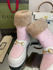 HORSEBIT ANKLE BOOTS WITH MERINO TRIM IN LIGHT PINK NYLON MIX WHITE CALFSKIN