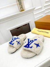 LV FLAT SLIPPER IN WHITE MIX COBALT BLUE SHEARLING