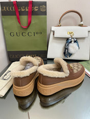GG LOAFER IN PEANUT BROWN JACQUARD AND CHOCOLATE BROWN CALFSKIN WITH BEIGE WOOL LINING