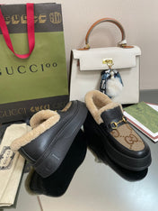 GG LOAFER IN PEANUT BROWN JACQUARD AND BLACK CALFSKIN WITH BEIGE WOOL LINING
