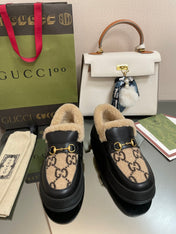GG LOAFER IN CAMEL BROWN JACQUARD AND BLACK CALFSKIN WITH BEIGE WOOL LINING