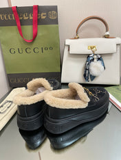 GG LOAFER IN BLACK JACQUARD AND CALFSKIN WITH BEIGE WOOL LINING