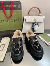 GG LOAFER IN BLACK JACQUARD AND CALFSKIN WITH BEIGE WOOL LINING