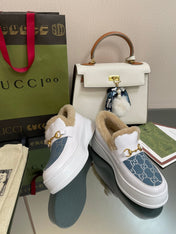 GG LOAFER IN BLUE JACQUARD MIX WHITE CALFSKIN WITH BEIGE WOOL LINING