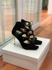 BALMAIN 25S HIGH HEELS 95MM IN BLACK SUEDE WITH PEARL