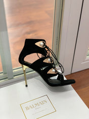 BALMAIN 25S HIGH HEELS 95MM IN BLACK SUEDE WITH PEARL