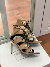 BALMAIN 25S HIGH HEELS 95MM IN LIGHT BROWN SUEDE WITH PEARL