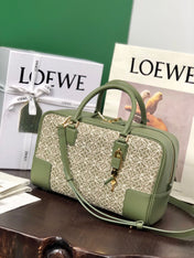 LOE AMAZONA 28 BAG IN OLIVE GREEN CALFSKIN AND BEIGE MONOGRAM FABRIC