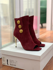 BALMAIN 26S OPEN-TOE BOOTS 95 MM IN DARK RED SUEDE
