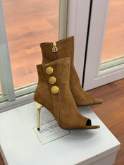 BALMAIN 26S OPEN-TOE BOOTS 95 MM IN BROWN SUEDE